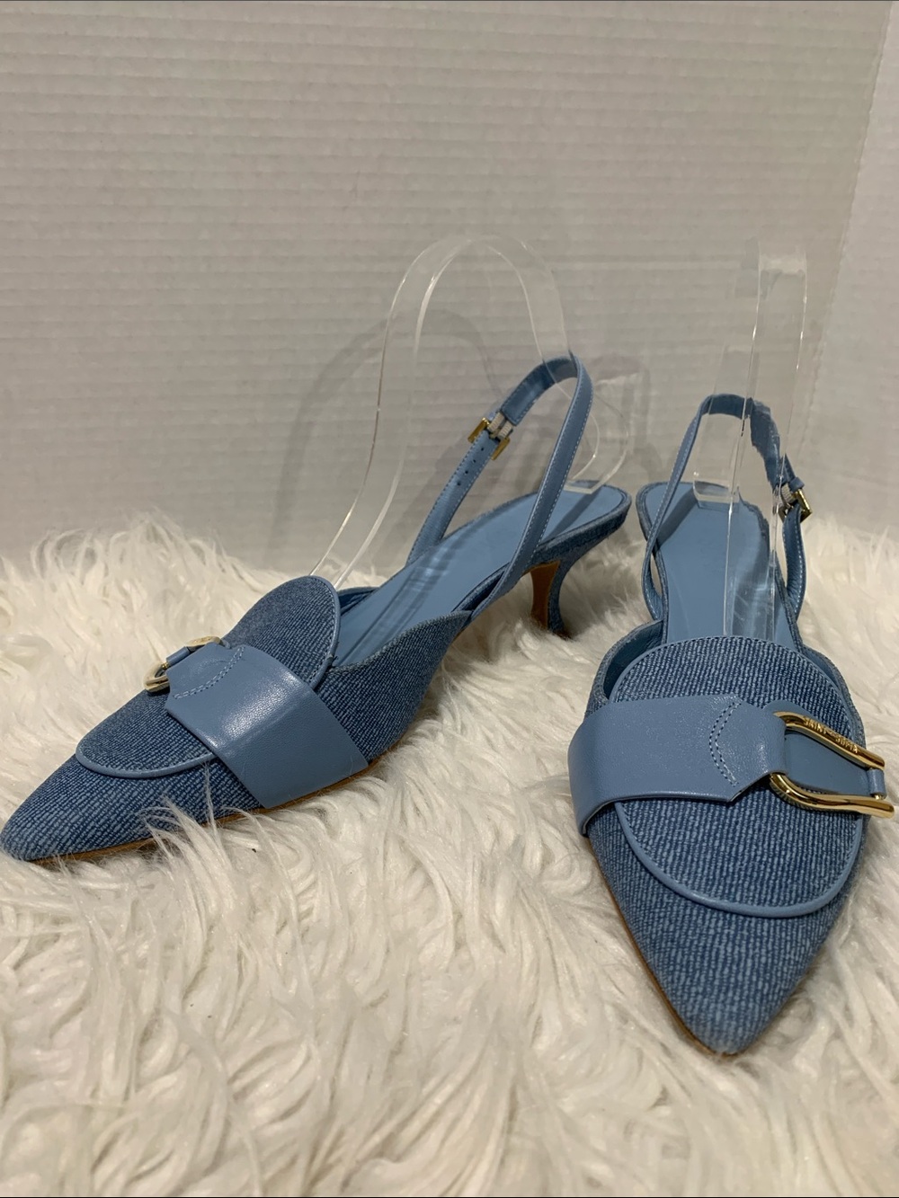 SAINT +Sofia Bridget Light Blue Pointed Slingback Kitten Heels with Gold Accent